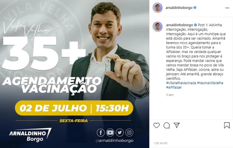 Em publica&ccedil;&atilde;o feita em seu perfil no Instagram, prefeito Arnaldinho Borgo divulga informa&ccedil;&otilde;es sobre agendamento de vacina&ccedil;&atilde;o &mdash; Foto: Reprodu&ccedil;&atilde;o/Instagram