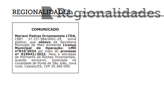Publicidade Legal - Mariani Rochas Ornamentais Ltda - Avisos e Editais - 28/06/2024